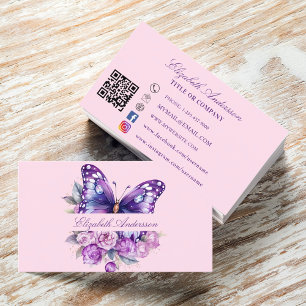 Carte De Visite Papillon rose violet code QR médias sociaux