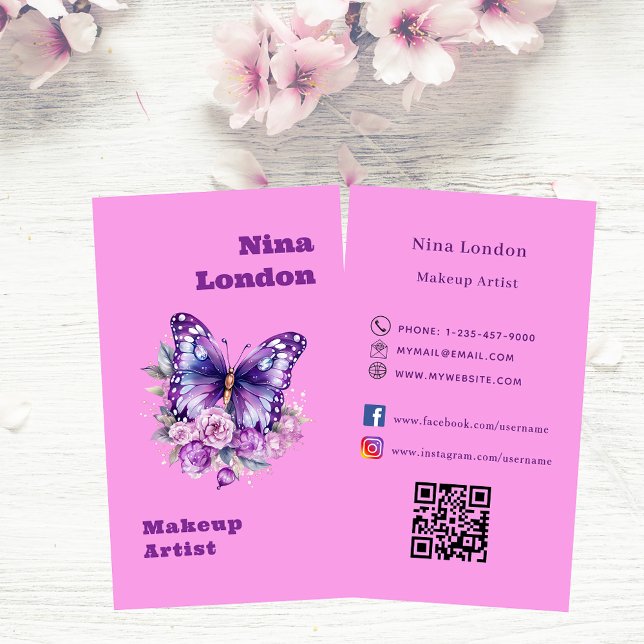 Carte De Visite Papillon rose violet Qr logo des médias sociaux (Créateur téléchargé)