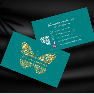 Carte De Visite Papillon turquoise or vert QR code élégant