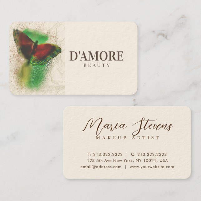 Carte De Visite Papillon vert d'aquarelle professionnel (Devant / Derrière)