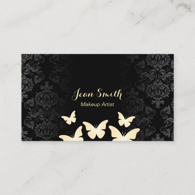 Carte De Visite Papillons d'or moderne Damask Maquillage Artiste (Devant)