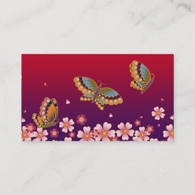 Carte De Visite Papillons japonais et fleurs de Sakura Rouge et Pl (Devant)