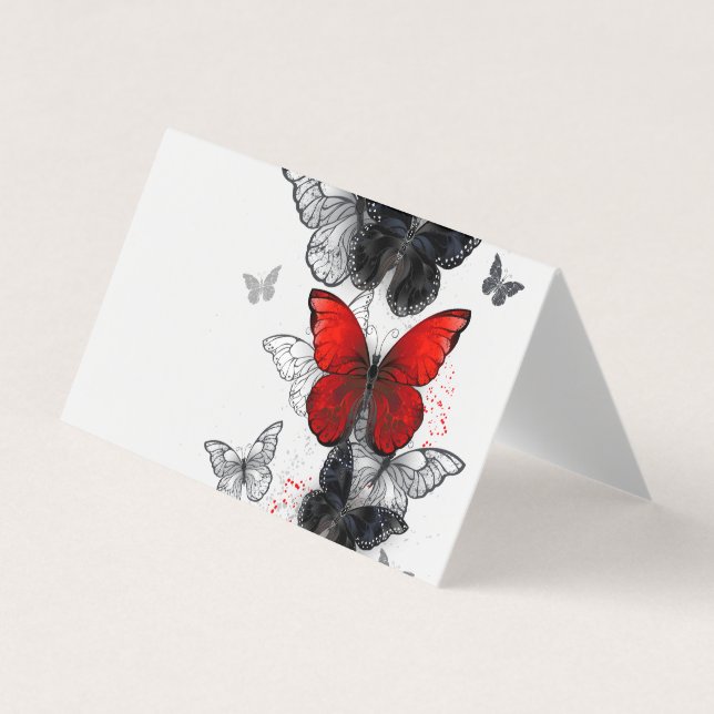Carte De Visite Papillons Morpho Noirs et Rouges en Vol (Devant)