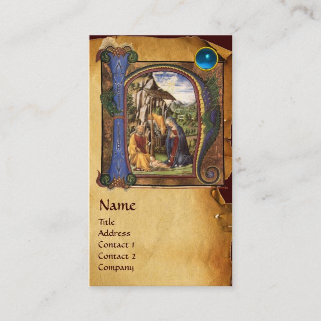 Carte De Visite PARCHEMENT DE NATIVITÉ Saphir bleu Monogramme (Devant)