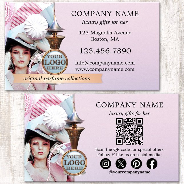 Carte De Visite Parfum Cadeaux de luxe Parfum professionnel (Elegant business card featuring a rose gold and blue perfume bottle on a magazine style background)