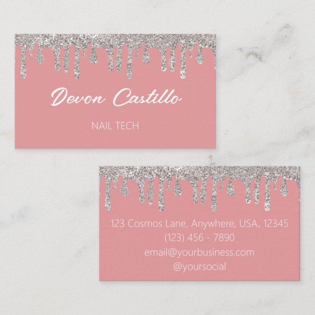 Carte De Visite Parties scintillant à goutte d'argent Pink Glam Na (Devant / Derrière)