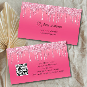 Carte De Visite Parties scintillant à goutte rose QR code Hair Sal