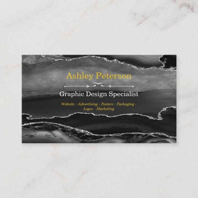 Carte De Visite Parties scintillant Agate Black & Silver Faux (Devant)