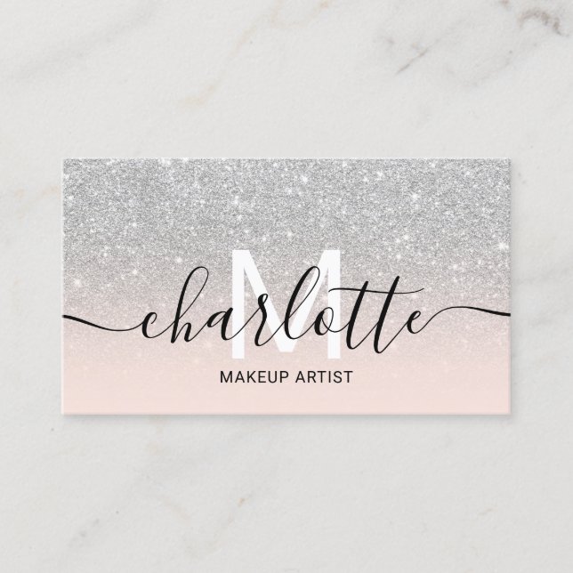 Carte De Visite Parties scintillant argent chic ombre rose nom maq (Devant)