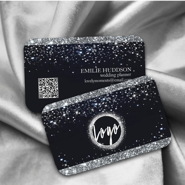 Carte De Visite Parties scintillant argent Faux et code QR noir El (Faux Silver Glitter and Black Elegant QR code Business Card. #luxefauxgold #beauty #stylist)