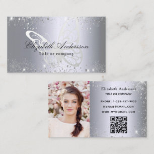 Carte De Visite Parties scintillant argent papillon qr code photo