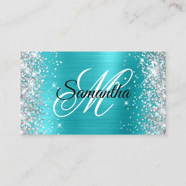 Carte De Visite Parties scintillant Argent Turquoise Bleu Foil Fan (Devant)