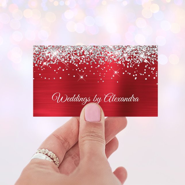Carte De Visite Parties scintillant argentée brillante rouge satin (Silver Glitter Bright Red Satin Foil Business Card)