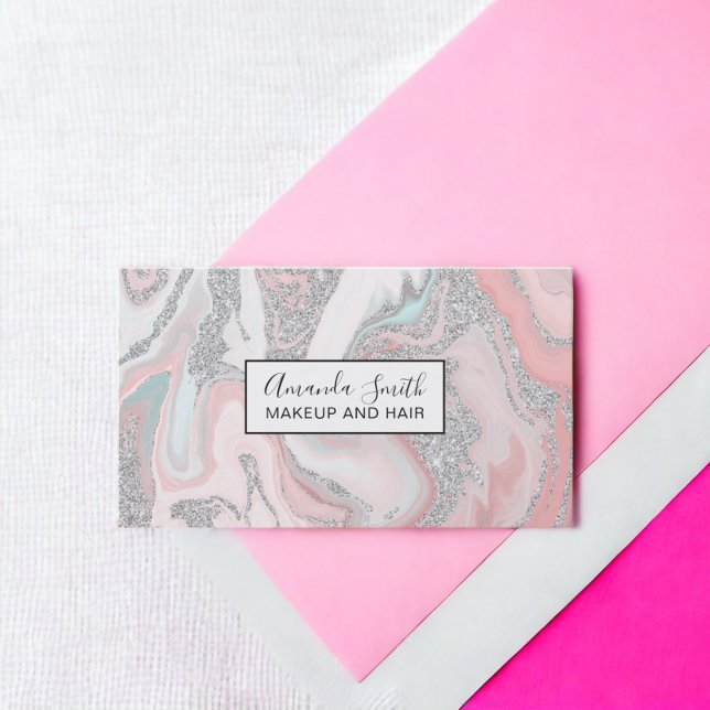Carte De Visite Parties scintillant argentée moderne corail gris p (Modern silver glitter coral gray pastel marble business card)