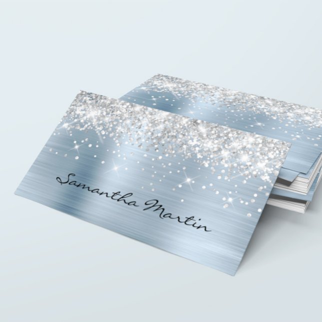 Carte De Visite Parties scintillant argentée Sparkly Faux  bleu cl (Silver Glitter Light Blue Foil Business Card)
