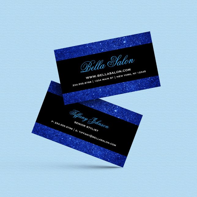 Carte De Visite Parties scintillant aux Faux de Glam Bleu et Noir (Créateur téléchargé)