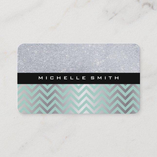 Carte De Visite Parties scintillant avec Motif Chevron en argent v (Devant)