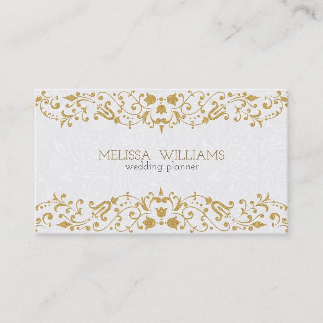 Carte De Visite Parties scintillant blanche et or Vintage florale (Devant)