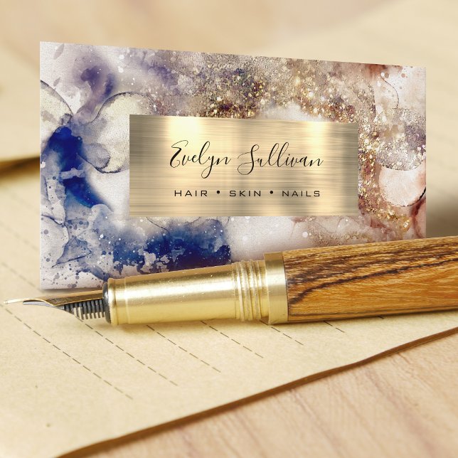 Carte De Visite Parties scintillant bleu Brown Aquarelle or huile (Créateur téléchargé)