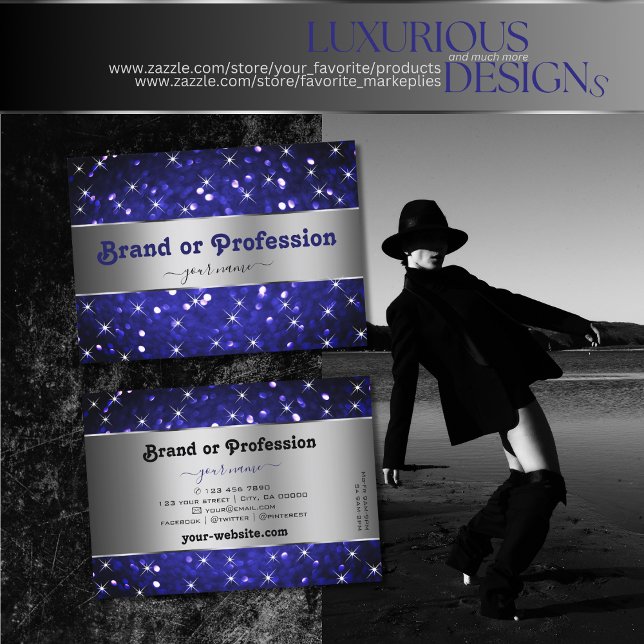 Carte De Visite Parties scintillant Bleue Argent Royal Étoiles Élé (Créateur téléchargé)