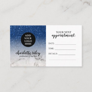 Carte De Visite Parties scintillant bleue blanc Marbre Cursive Ajo
