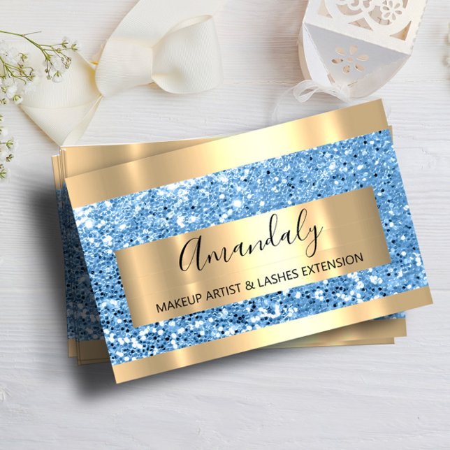 Carte De Visite Parties scintillant Blue Gold Frame Event Planner  (Glitter Blue Gold Frame Event Planner Luminous Business Card)