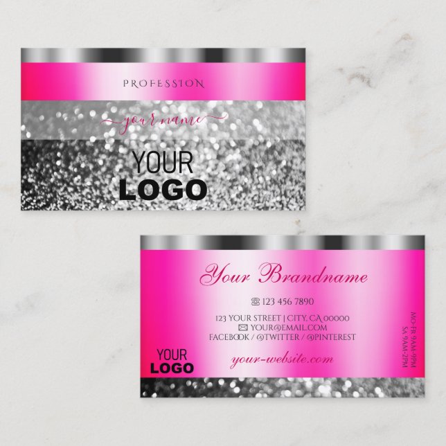 Carte De Visite Parties scintillant brillante en argent rose avec  (Devant / Derrière)