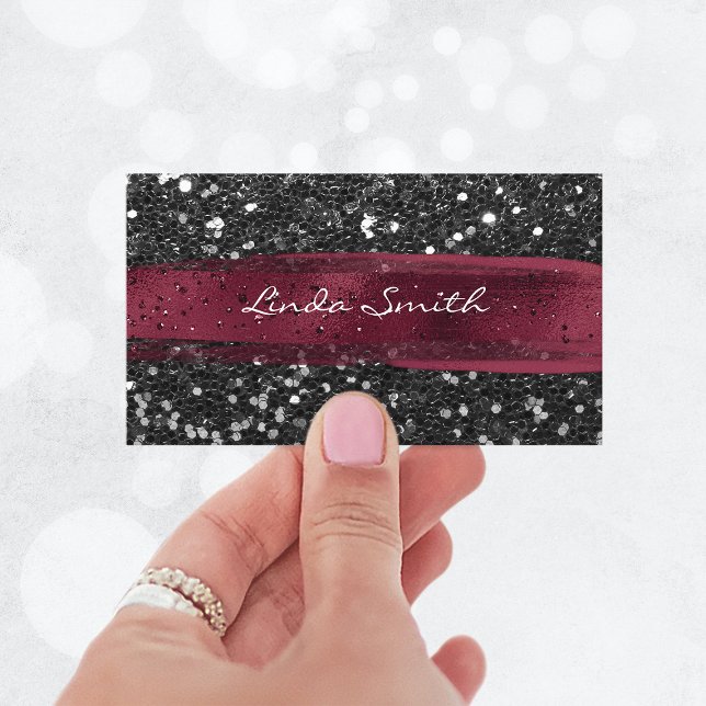 Carte De Visite Parties scintillant Confetti Noir Burgundy Brush S (Black Confetti Glitter Burgundy Brush Strokes Business Card)