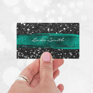 Carte De Visite Parties scintillant Confetti Noir Turquoise Brush 