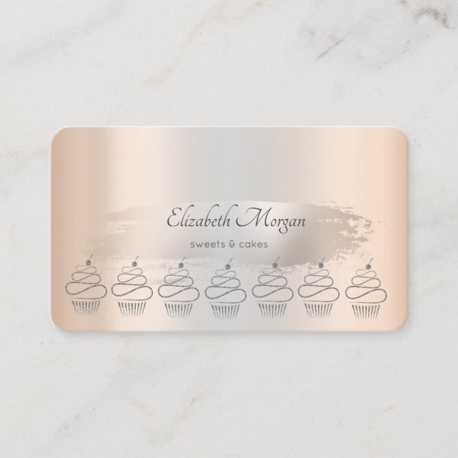 Carte De Visite Parties scintillant Cupcakes Silver Brush Stroke (Devant)