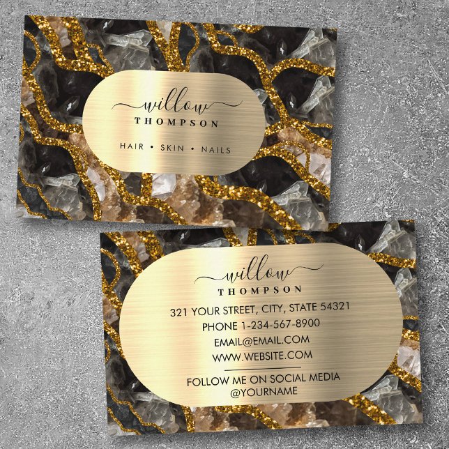Carte De Visite Parties scintillant d'âge de la géode d'or noir (Black Gold Geode Agate Glitter Business Card)