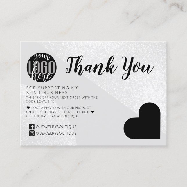 Carte De Visite Parties scintillant d'argent Geo Heart Logo du cli (Devant)
