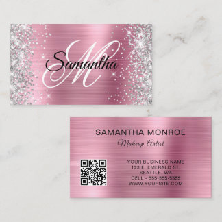 Carte De Visite Parties scintillant d'argent Pink Foil Monogramme 