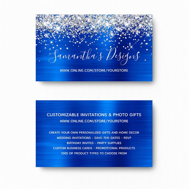 Carte De Visite Parties scintillant d'argent Royal Blue Foil Bouti (Silver Glitter Royal Blue Foil Online Store Business Card)