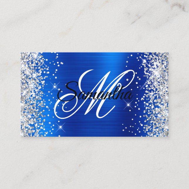 Carte De Visite Parties scintillant d'argent Royal Blue Foil Fancy (Devant)
