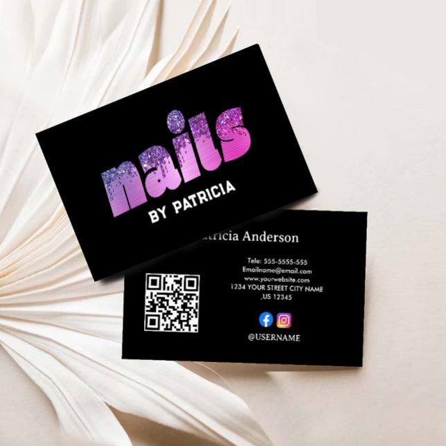 Carte De Visite Parties scintillant de clous violet moderne Drives (Modern Purple Nails Glitter Drips Script Nail Tech Business Card)