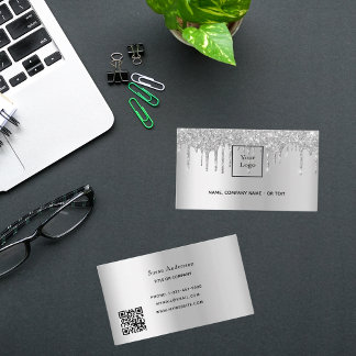 Carte De Visite Parties scintillant de code QR argent gouttes feme