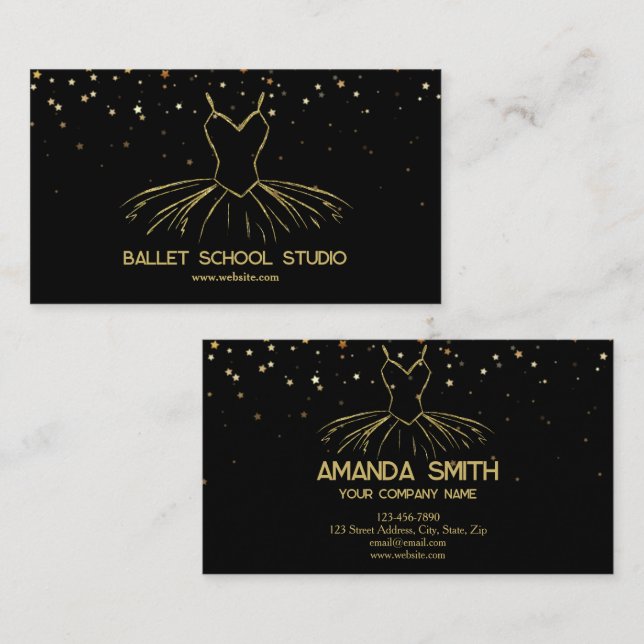 Carte De Visite Parties scintillant de danse de ballet noir & or (Devant / Derrière)