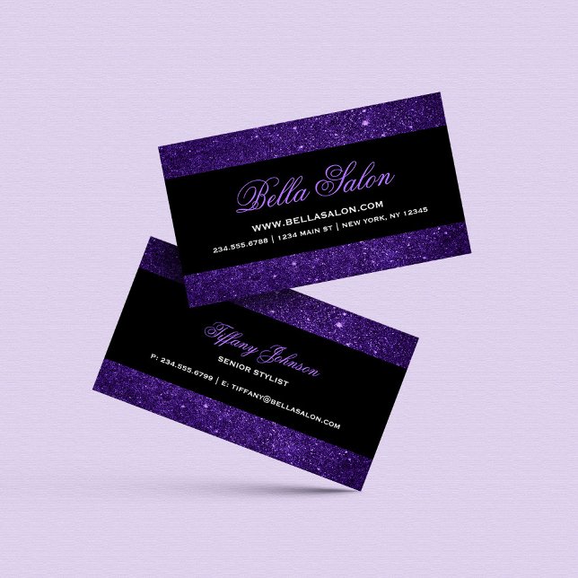 Carte De Visite Parties scintillant de Faux violet et de glam noir (Créateur téléchargé)