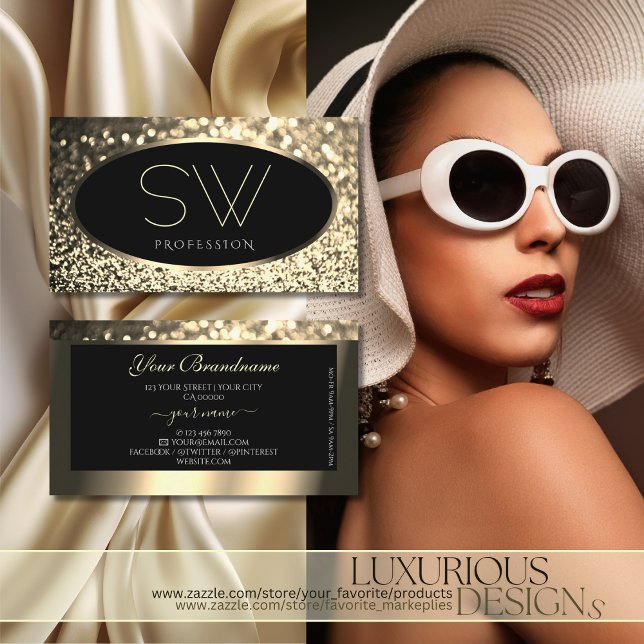 Carte De Visite Parties scintillant de luxe Black Gold avec Monogr (Créateur téléchargé)