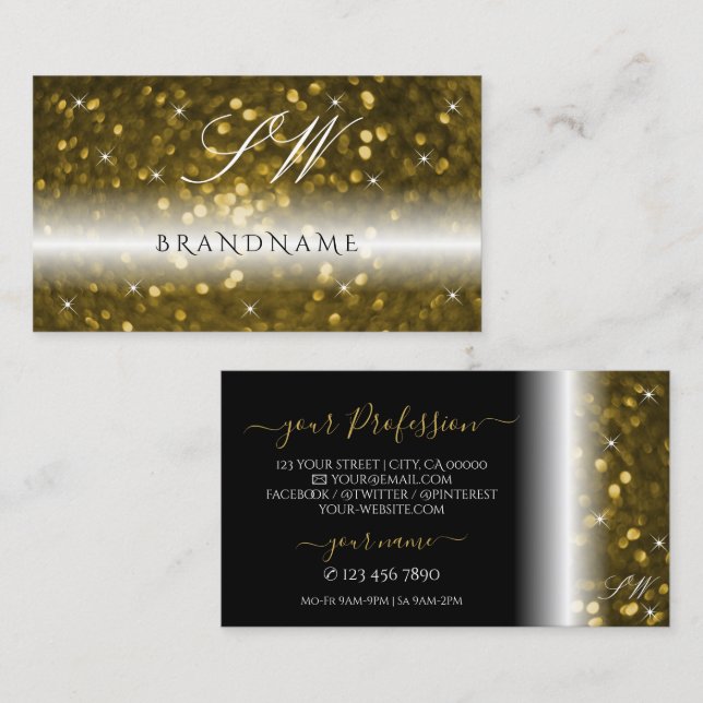 Carte De Visite Parties scintillant de luxe Black Gold Stars Initi (Devant / Derrière)