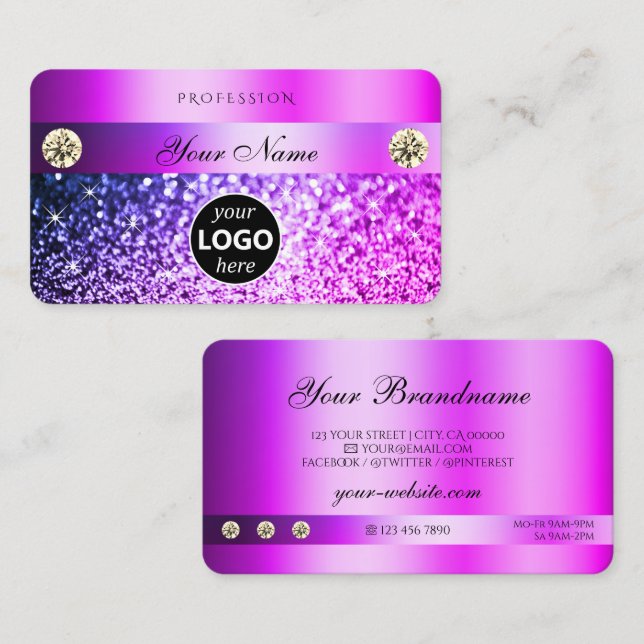 Carte De Visite Parties scintillant de luxe rose violet avec diama (Devant / Derrière)