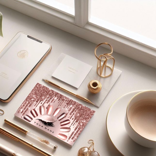 Carte De Visite Parties scintillant de maquillage Rose Nails Manuc (Makeup Lashes Glitter Rose Nails Manicure Brown Business Card)