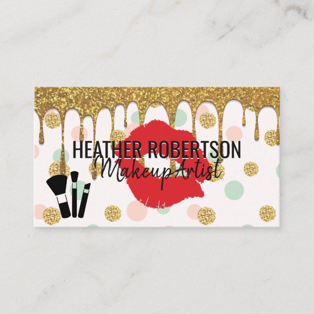 Carte De Visite Parties scintillant d'or | Baiser rouge | POIS (Devant)