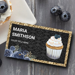 Carte De Visite Parties scintillant d'or Blueberry Cupcake Pâtisse