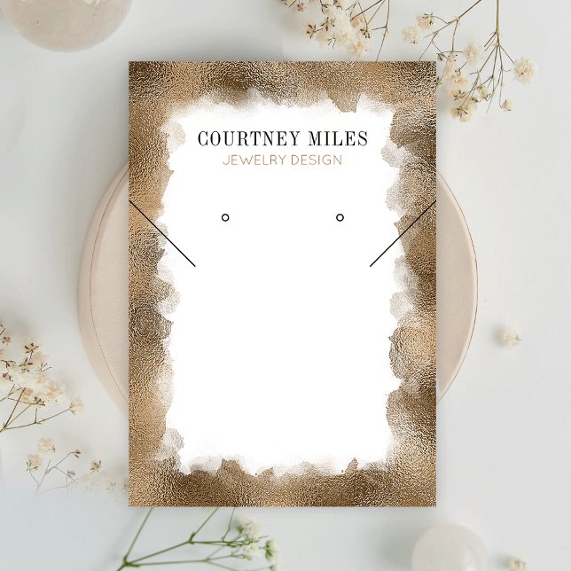 Carte De Visite Parties scintillant d'or Boucles d'oreilles Lux mo (White and gold glitter jewelry display cards with elegant fonts and customizable text)