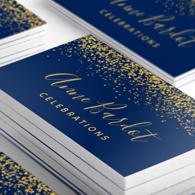 Carte De Visite Parties scintillant d'or glamour Confetti Marine B (Closeup of stacked Glamorous Blue and Gold Confetti Business Cards)