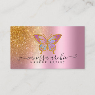 Carte De Visite Parties scintillant d'or logo papillon rose métall