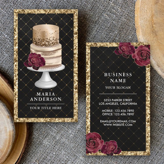 Carte De Visite Parties scintillant d'or noir Floral pâtisserie Ch (Créateur téléchargé)