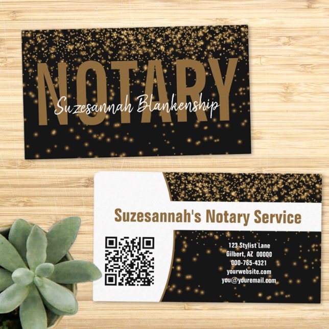 Carte De Visite Parties scintillant d'or sur Noir personnalisé QR  (Créateur téléchargé)